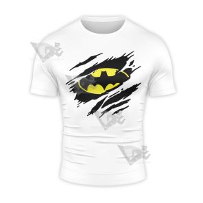 Batman White Ripped Clothing Badge Short Sleeve Compression Shirt