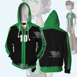 Ben10 Ben Tennyson Green And Black Cosplay Zip Up Hoodie