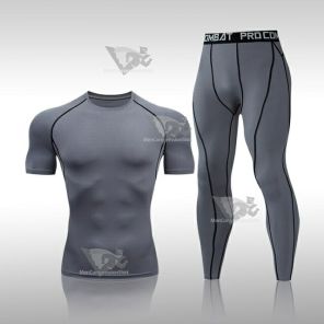 Mens Compression Basic Muscle-Fit Short Sleeve Compression Set Grey