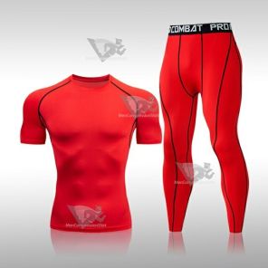 Mens Compression Basic Muscle-Fit Short Sleeve Compression Set Red