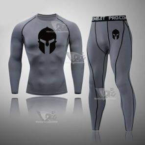 Mens Grey Rashguard Muscle-Fit Long Sleeve Compression Set