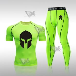 Mens Light Green Rashguard Muscle-Fit Short Sleeve Compression Set