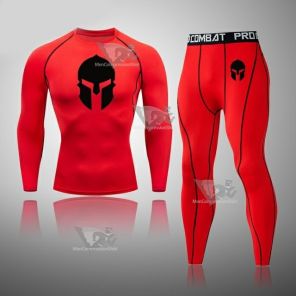 Mens Red Rashguard Muscle-Fit Long Sleeve Compression Set