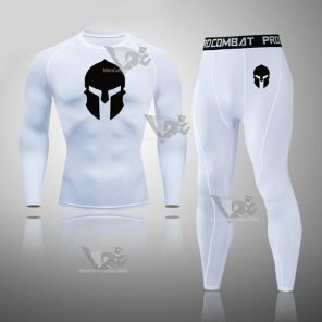 Mens White Rashguard Muscle-Fit Long Sleeve Compression Set