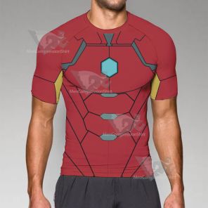 Superhero Iron Man Red Yellow Short Sleeve Compression Shirt