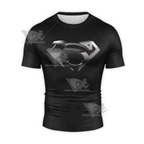 Superman Classic S Shield Badge Metal Short Sleeve Compression Shirt