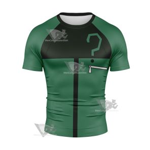 Young Justice Riddler Green Question Mark Short Sleeve Compression Shirt