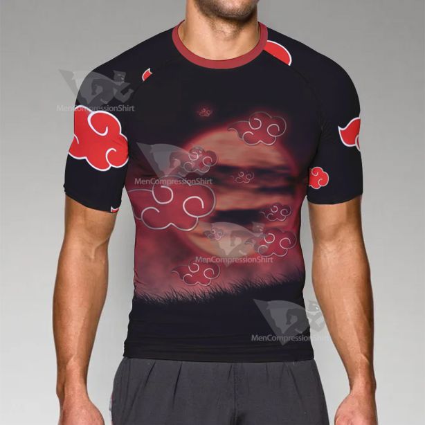 Anime Red Cloud Black Short Sleeve Compression Shirt