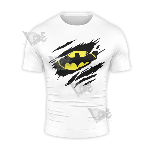 Batman White Ripped Clothing Badge Short Sleeve Compression Shirt