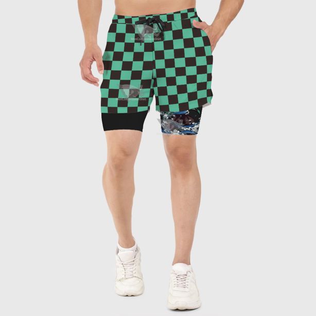 Demon Slayer Tanjiro Kamado Green Lattice Men Compression Gym Short