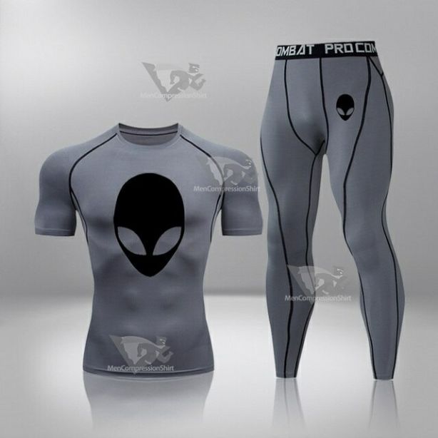 Mens Alien Muscle-Fit Quick Dry Grey Compression Set