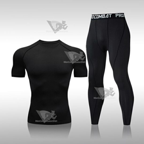 Mens Compression Basic Muscle-Fit Short Sleeve Compression Set Black