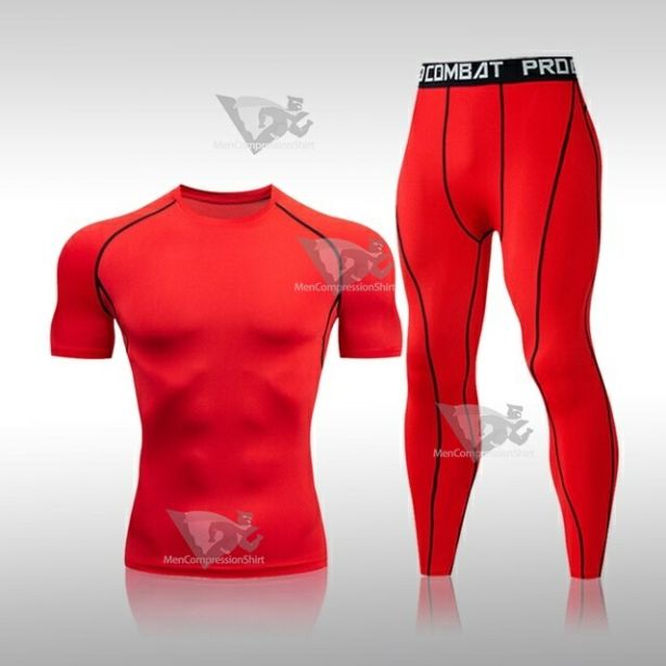 Mens Compression Basic Muscle-Fit Short Sleeve Compression Set Red