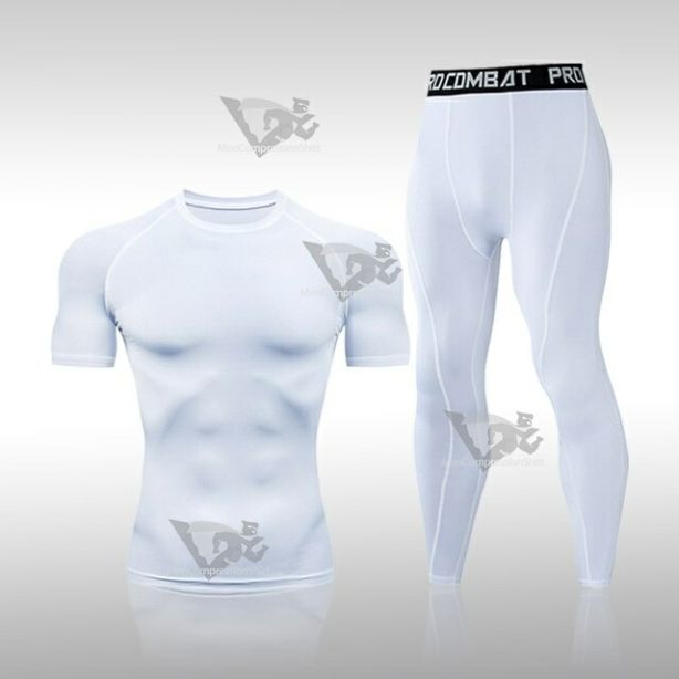 Mens Compression Basic Muscle-Fit Short Sleeve Compression Set White