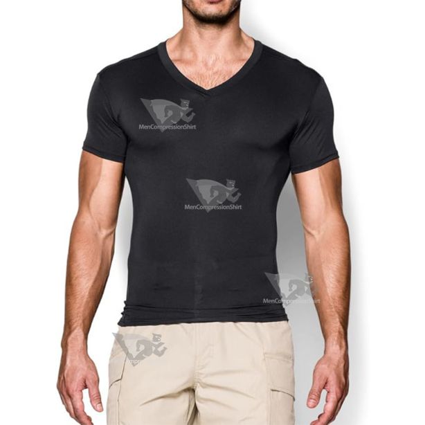 Mens Heatgear Tactical V-Neck Compression Black Short Sleeve Shirt