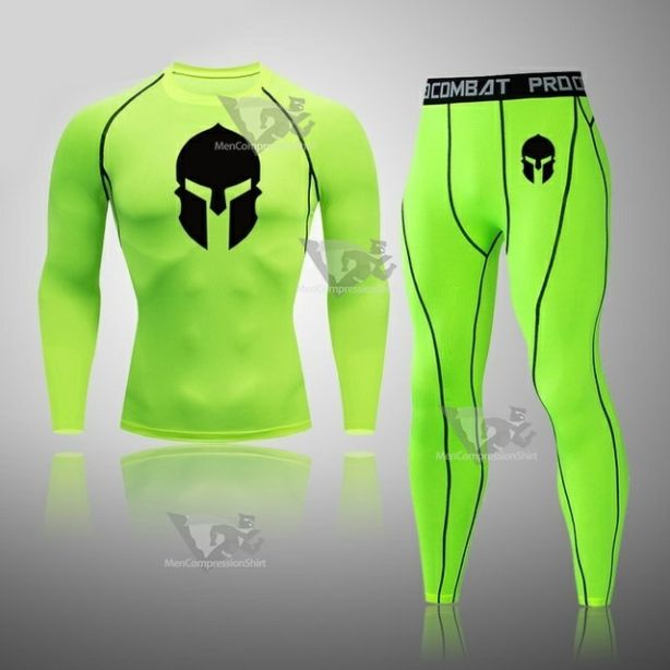 Mens Light Green Rashguard Muscle-Fit Long Sleeve Compression Set