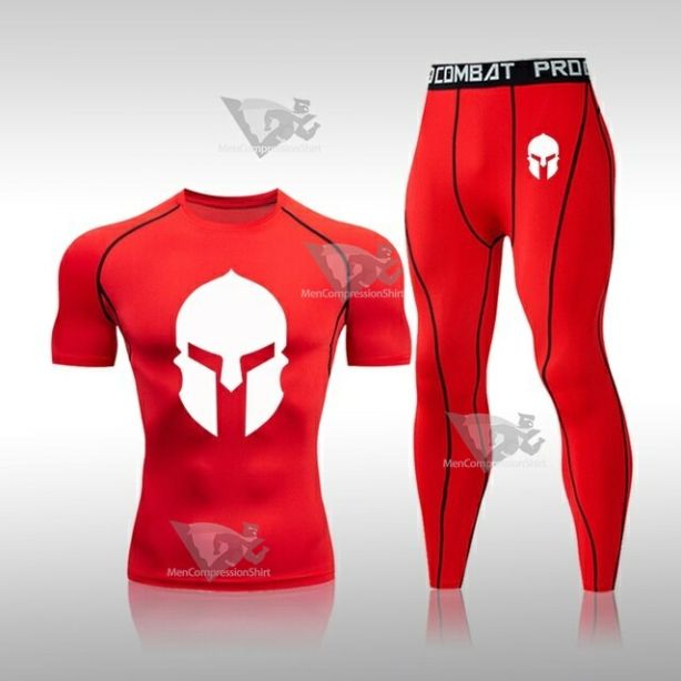 Mens Red Rashguard Muscle-Fit Short Sleeve Compression Set