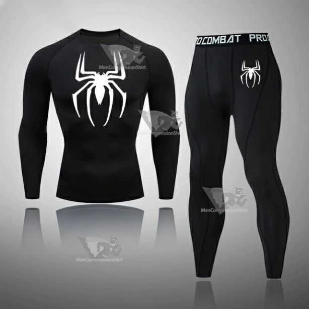 Mens Spider Skull Quick Dry Compression Set Black