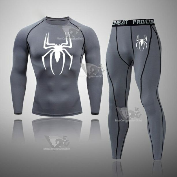 Mens Spider Skull Quick Dry Compression Set Grey