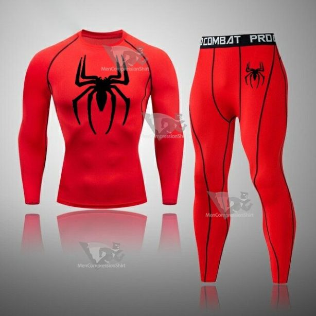 Mens Spider Skull Quick Dry Compression Set Red