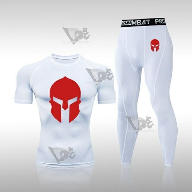 Mens White Rashguard Muscle-Fit Short Sleeve Compression Set