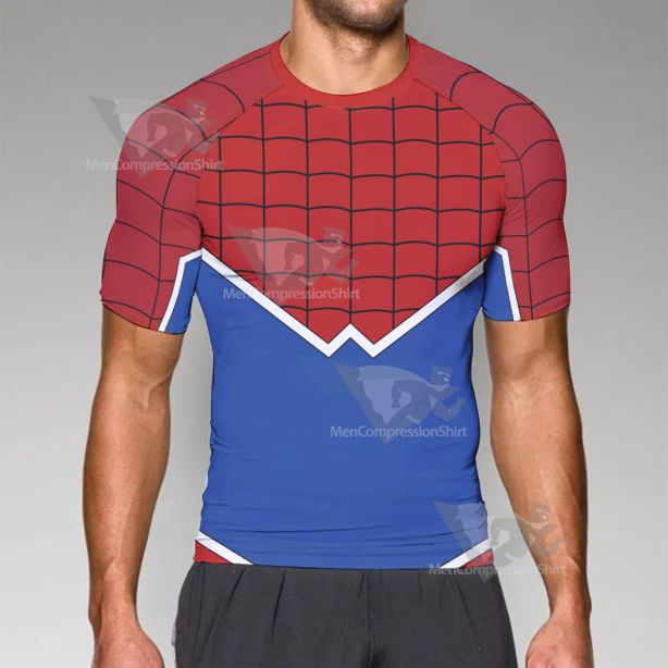 Spiderman Punk Red Blue Short Sleeve Compression Shirt