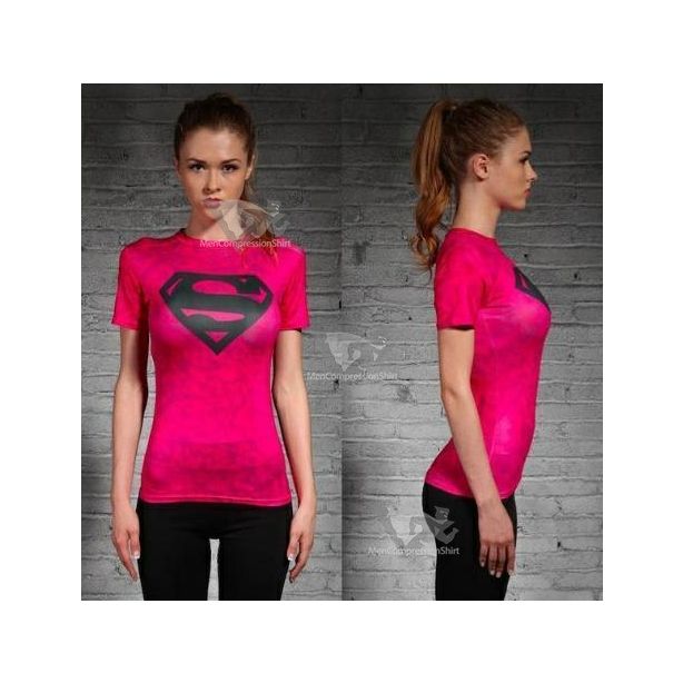 Supergirl Solid Pink Compression Short Sleeve Rash Guard