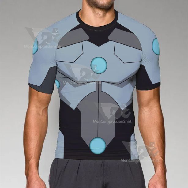 Superhero Cyborg Black Blue Short Sleeve Compression Shirt