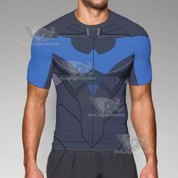 Superhero Nightwing Black Blue Short Sleeve Compression Shirt