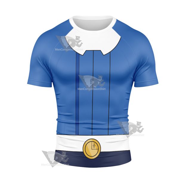 Superheroes Bouncing Boy Blue And White Short Sleeve Compression Shirt